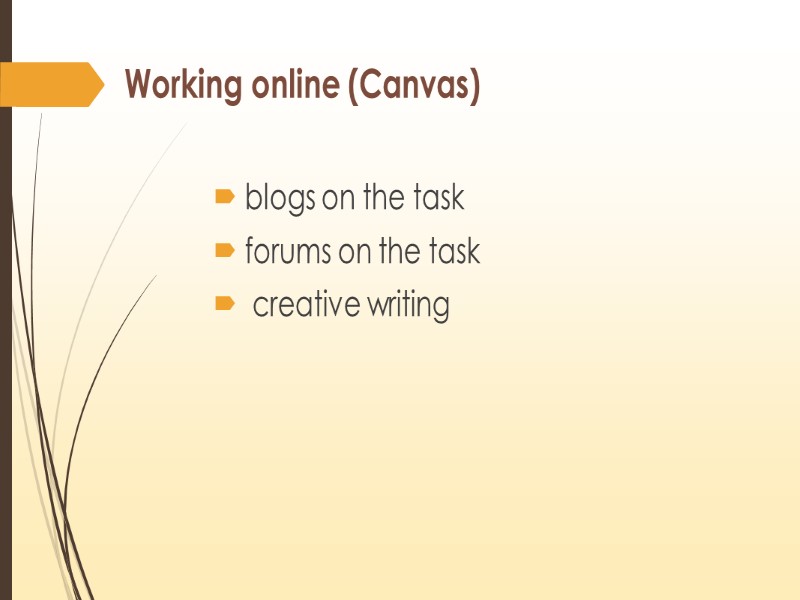 Working online (Canvas)  blogs on the task   forums on the task